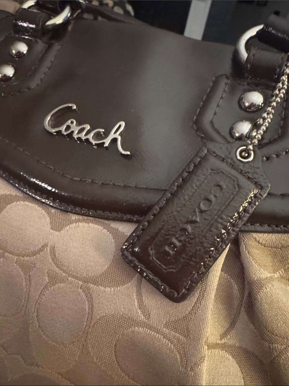 Coach Signature Logo Tote with Dark Brown Leather Trim Good Preloved Condition - Picture 3 of 8
